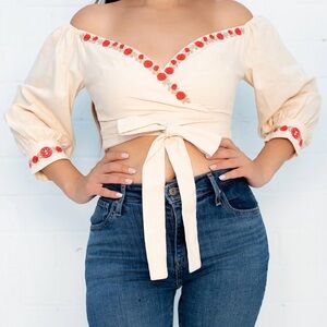 Elegant Cream Off-Shoulder Crop Top with Red Embroidery